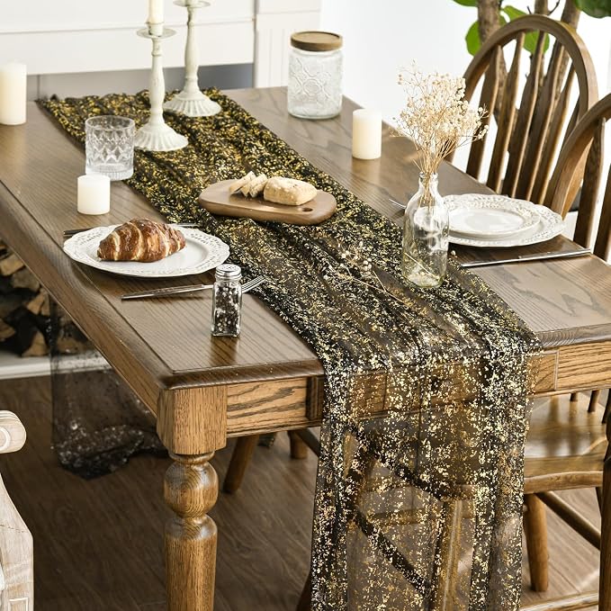 Artoid Mode 3Pcs Black Gold Gauze Table Runner 120 Inch 10FT, Glitter Metallic - Image 3
