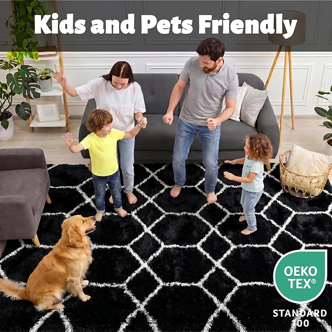 ONASAR 7x9 Area Rugs for Living Room Bedroom, Large Fluffy Black and White - Image 3