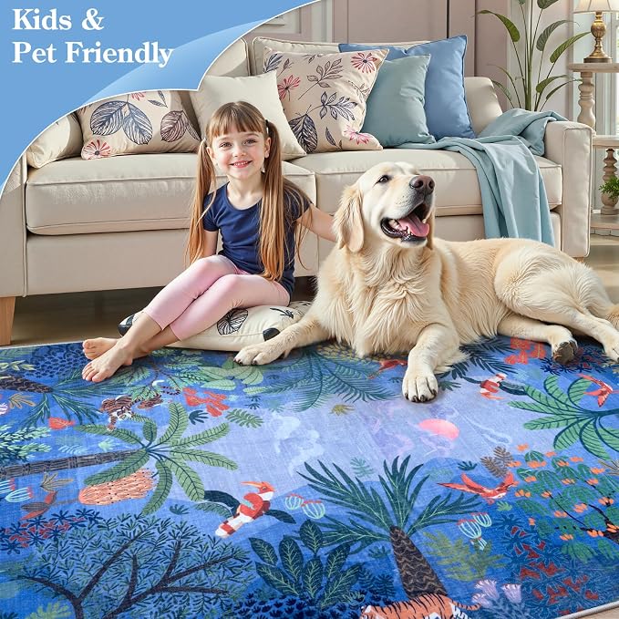 LIVEBOX Washable Jungle Animal Print Rugs 9x12 Blue Rugs - Image 4