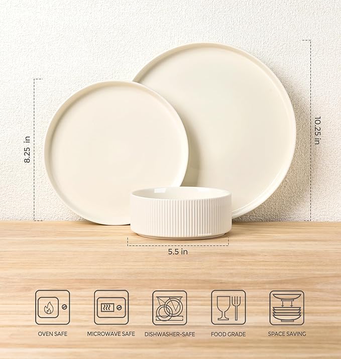 Ceramic Dinnerware Set for 8, 24-Piece Plates and Bowls Set | Lightweight - Image 2