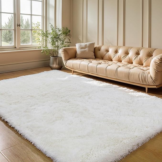 KICHOWUA Area Rug 5x7 Cream White Fluffy Shag - Image 8