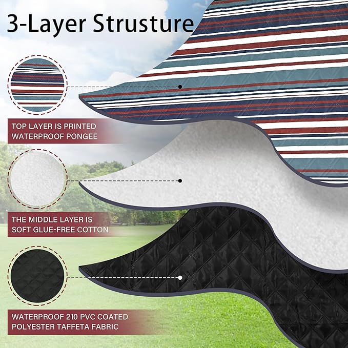 HX&OD Outdoor Picnic Blanket Extra Large, 80''*60'' Waterproof Picnic Mat with Stakes Foldable Camping Blanket Portable with Carry Strap for Beach Mat (Green& White, 80''*60'')