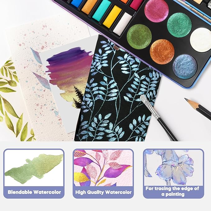 Watercolor Paint Set, 18 Colors Glitter Watercolor Paint Kit (12 Metallic & 6 Chameleon), Portable Travel Set with Water Brush Pen, Pencil, Eraser, Paper - Ideal for Drawing and Art Supplies, Adults, Beginners
