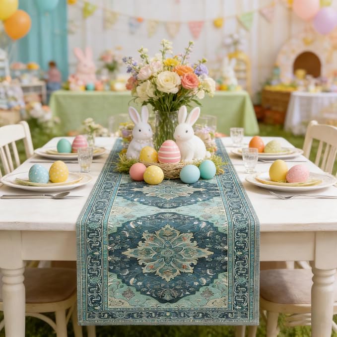 OYIMUA Boho Floral Pattern Summer Table Runner 36 Inches Long Teal and Blue - Image 6