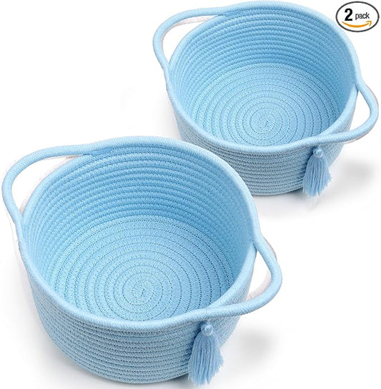 Empty Gift Basket Mini Woven Rope Organizer Baskets for Baby Shower, Vanity, Makeup Brushes, Bathroom, Shelves, Desk - Small Decorative Storage Bins - Set of 2, Pre-Shaped, Soft Blue