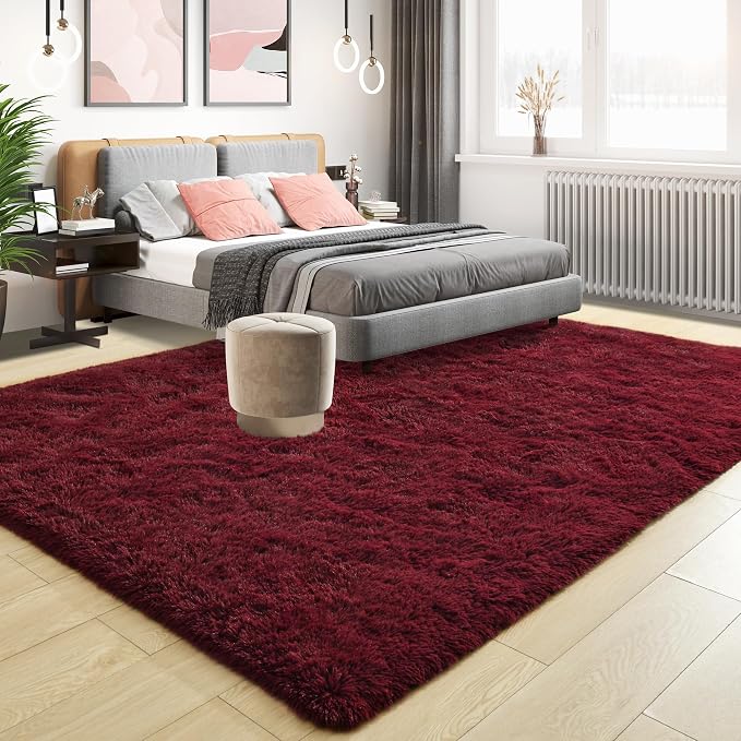 Tepook Fluffy Burgundy Rugs for Living Room, 8x10 Dark Red Area Rug for Bedroom - Image 2