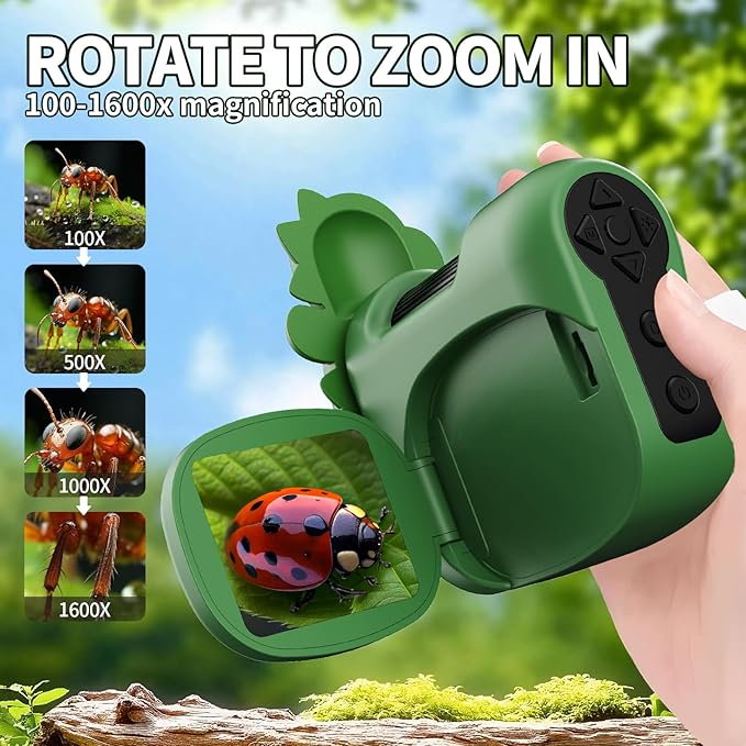1600X Handheld Microscope for Kids 2" IPS Screen Kit Mini Pocket Digital Microscopes STEM Science with Slides Photo Video Rechargeable Portable Scope Gift for Ages 6-12 (Green)