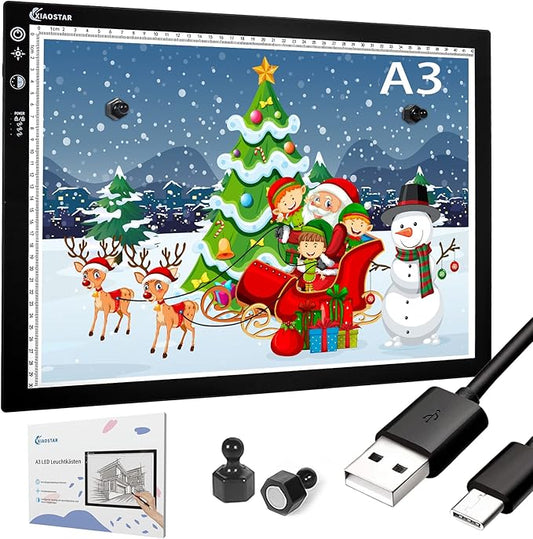Light Box Drawing Pad A3, Dimmable 3 Brightness and Colour Temperature with Type-C Charge Cable and Brightness Adjustable for Artists, AnimationDrawing, Sketching, Animation, X-ray Viewing (A3-STK)