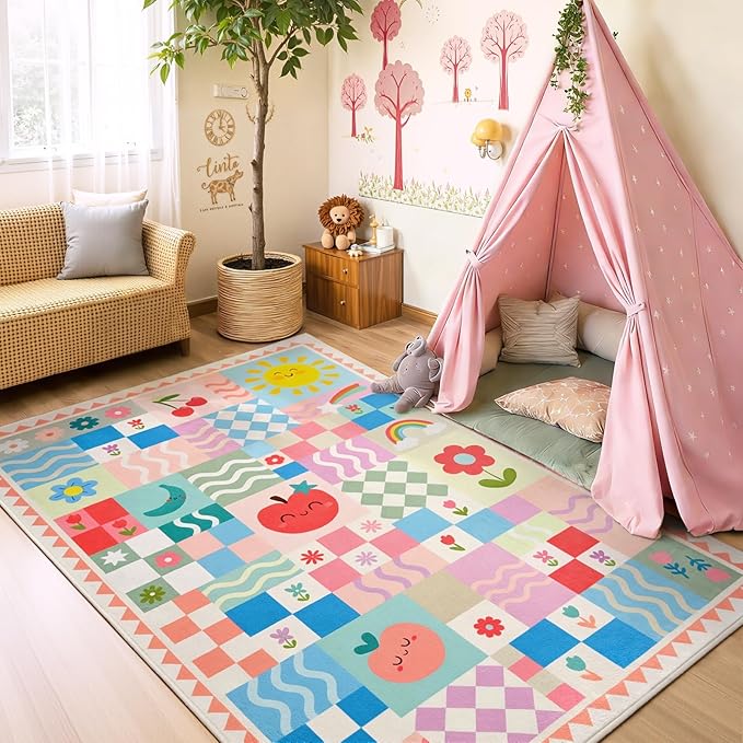 5x7 Washable Kid Bedroom Rug for Girls, Soft Non-Slip Toddler Playroom Carpet by Snoffic