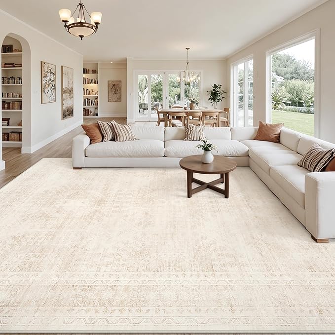 10x14 Area Rugs for Living Room: Vintage Boho Neutral Washable Rug Indoor Soft by Luxturiy
