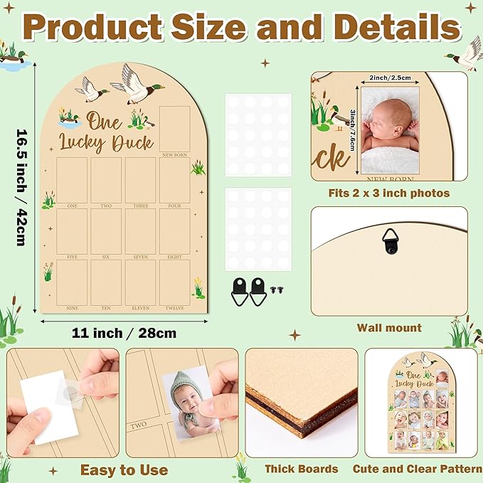 R HORSE 3D Mallard Duck 1st Birthday Wood Photo Display Board, One Lucky Duck Baby's First Year Picture Frame, 1-12 Months Milestone Board Birthday Decorations Keepsake Gift for Baby Nursery Decor
