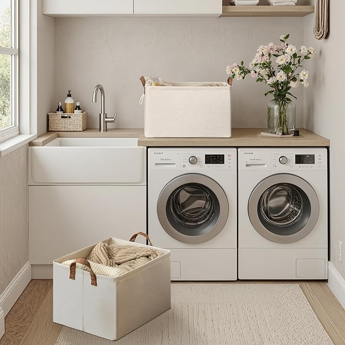 StorageWorks Storage Bins, Shelves Baskets for Organizing, 45L Extra Large Fabric Closet Organizers with Handles, Metal Frame, Beige（Cotton-linen）, 2-Pack