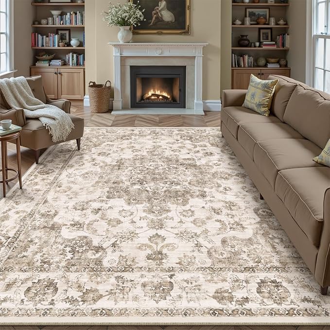 10x14 Neutral Area Rug Brown Vintage Living Room Bedroom Washable Carpet by WondRg
