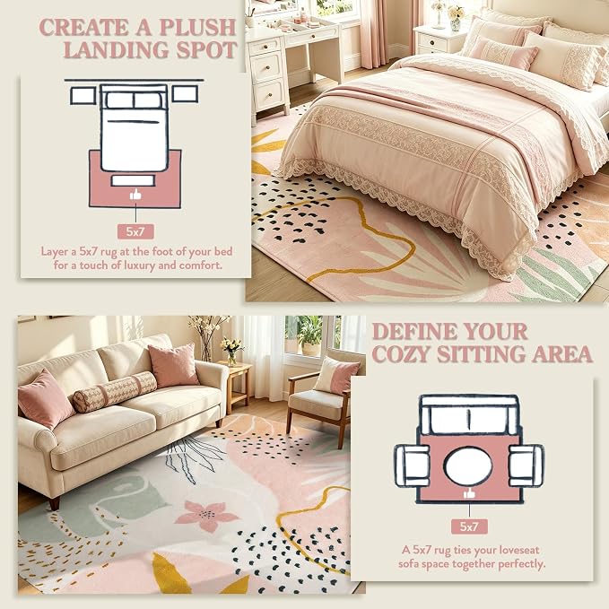 Lahome Pink Boho Bedroom Rug 5x7, Washable Non Slip Soft Botanical Area Rug - Image 7