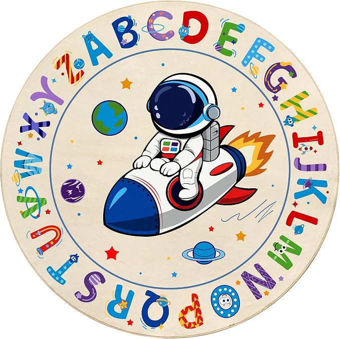 Washable Alphabet ABC Round Rug 3.4ft, Kids Astronaut Space Circle Carpet - Image 9