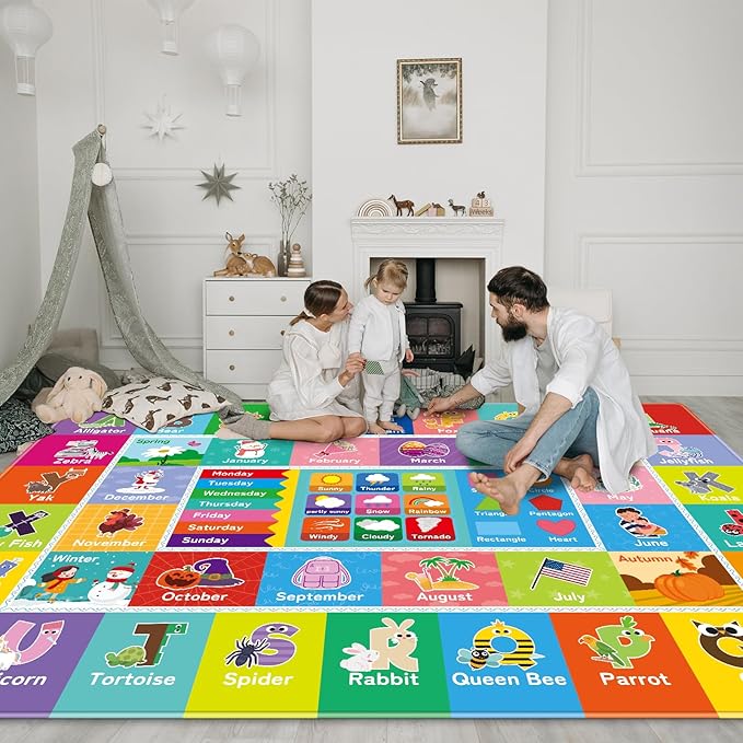 Kids Rug for Playroom, Kids Baby Playmat with Alphabet, Month, Weather, Week and Shapes ABC Educational Rug, Play Mat Carpet for Bedroom Classroom (110.2X78.7 INCH, Weather)