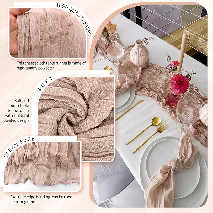 4 Pack Cheesecloth Table Runner 10FT Dusty Pink Table Runner Boho Gauze Cheese - Image 3