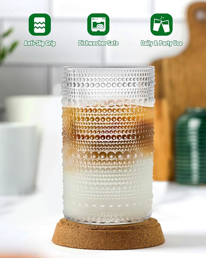Vintage Dot Drinking Glasses Set of 6, 13 oz Clear Highball Glass Cups | - Image 6