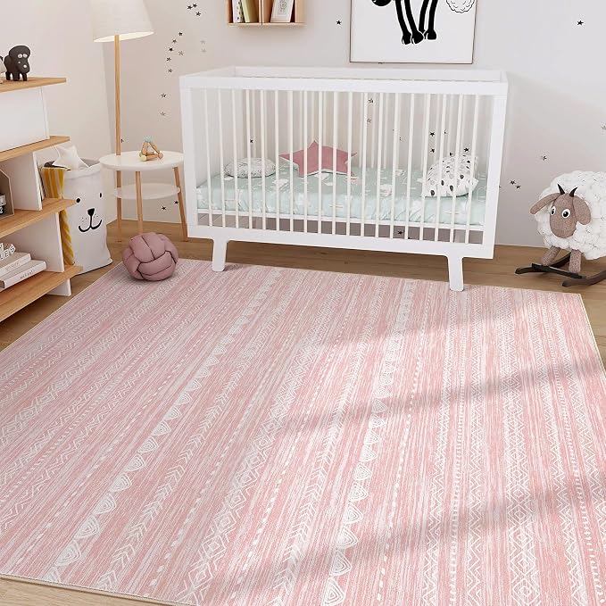 Nakagishi Pink Rugs for Bedroom Girls: 5x7 Washable Boho Large Neutral Area Rug - Image 5
