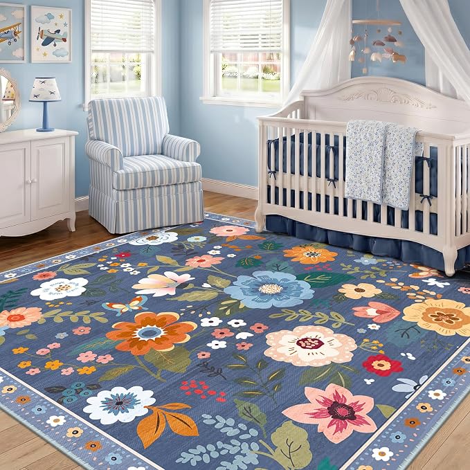 RELEANY Floral Square 4ft Area Rugs Washable Print Boho Cute Carpet Non Slip - Image 9