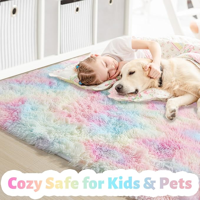 Rainbow Fluffy Kids Rugs for Girls Bedroom, Unicorn Room Decor Aesthetic - Image 2