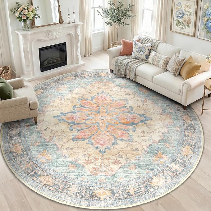 RELEANY Area Rugs Round 6ft Washable Non-Slip, Floral Vintage Distress by RELEANY