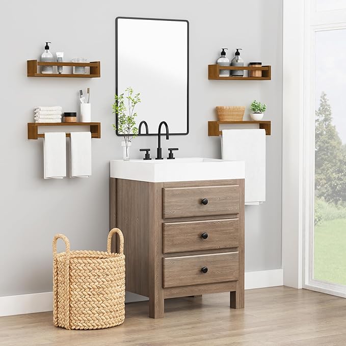 Forbena Walnut Brown Nursery Bookshelf Wall Mounted, Wooden Floating Book Shelves for Wall, Nursery Hanging Bookshelves for Baby Toddlers Kids Room Bedroom (Pine Wood, Walnut Color, 4-Pack)