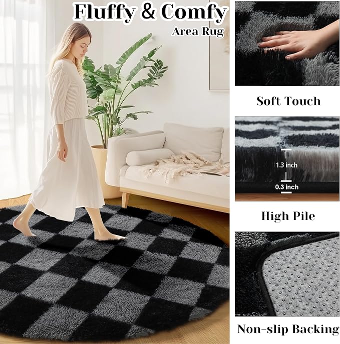 KICMOR Round Rugs 5ft Black and Grey Circle Area Rug, Fluffy Soft Fuzzy Shag - Image 2