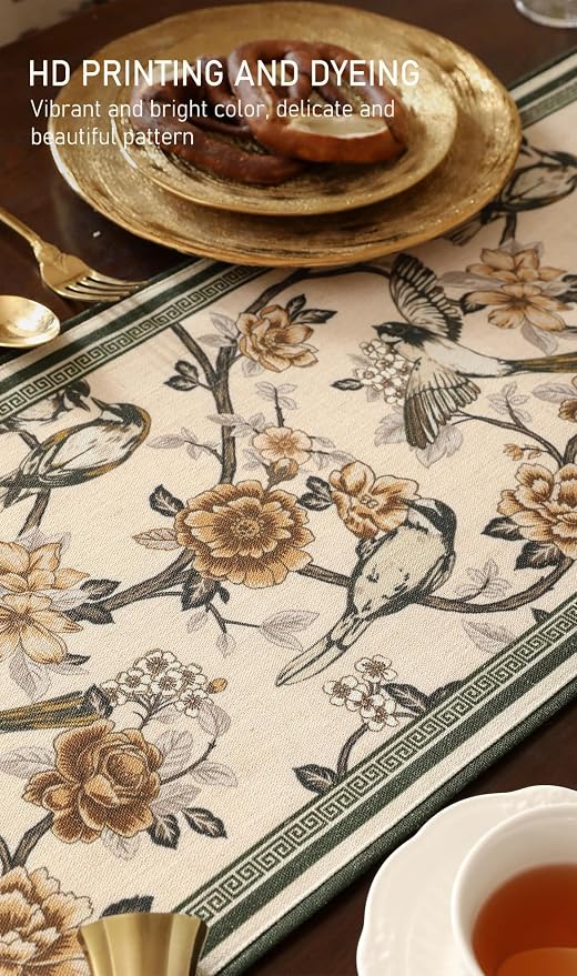 Designer French Linen Extra Long Table Runner, Floral and Bird Pattern - Image 4