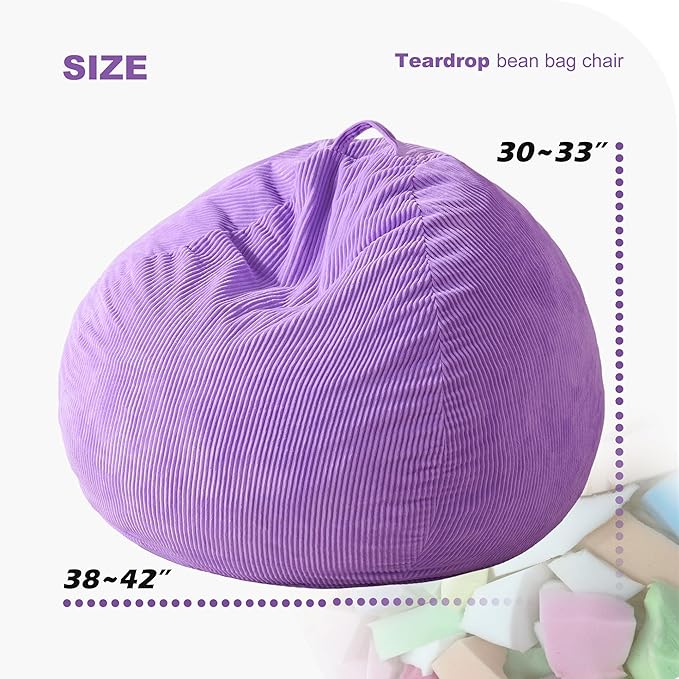 Homguava 3.5FT Bean Bag Chair: Teardrop Bean Bags with Memory Foam Filled, Compact Beanbag Chairs Soft Sofa with Corduroy Cover (Purple)