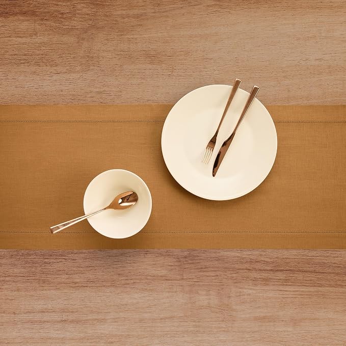 Solino Home 100% Pure Linen Table Runner Brown Sugar Hemstitch, 14 x 108 in | - Image 3