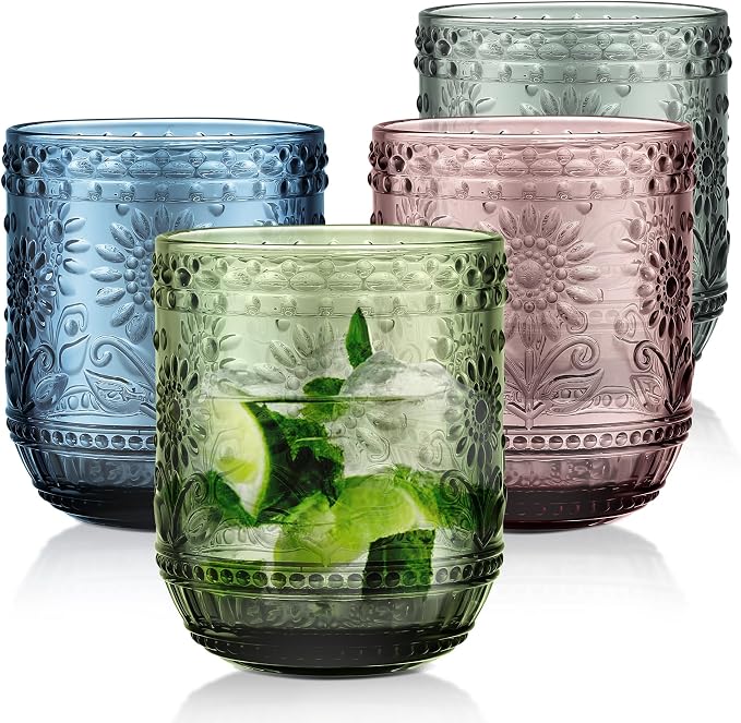 Joeyan Vintage Drinking Glasses, Embossed Floral Colored Glassware, Cocktail by JoeyanHousehold