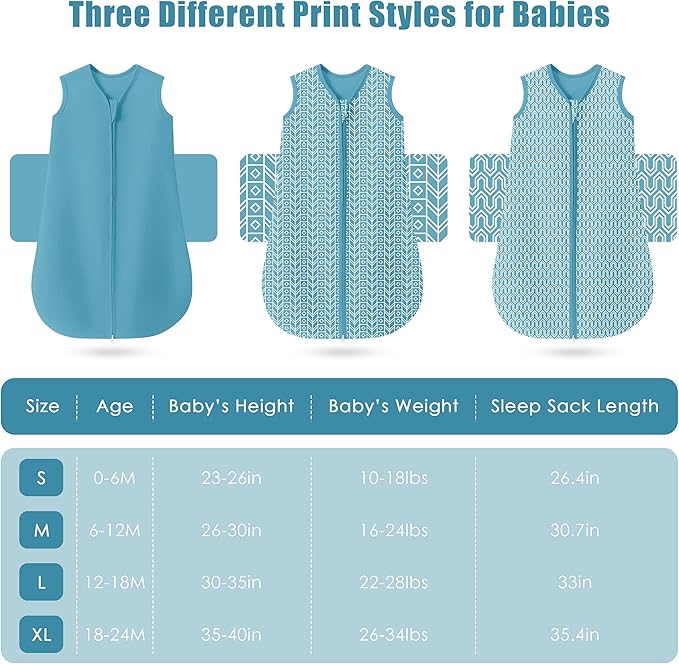 SWEET DOLPHIN Baby Sleep Sack 6-12 Months - 100% Cotton 2-Way Zipper TOG 0.5 Infant Wearable Blanket, Newborn Essentials Toddler 3 Pack Sleeping Sacks - Peacock Blue