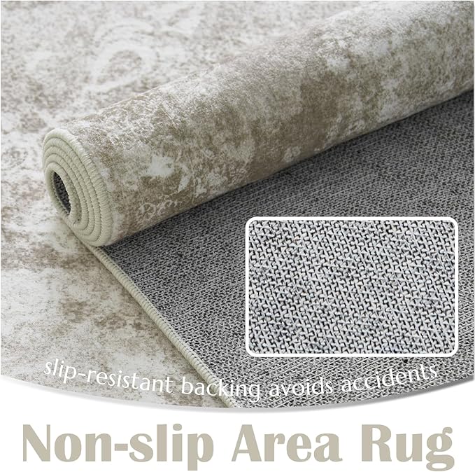 jinchan Washable Area Rug 6x9 for Living Room - Soft Faux Wool Ultra-Thin Stain Resistant Non-Slip Distressed Vintage Floral Large Carpet for Bedroom,Dining Room,Home Office,Nursery(Brown, 6'x9')
