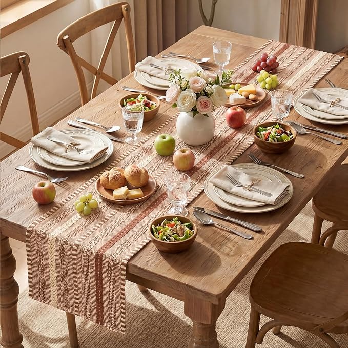 Artoid Mode Caramel Farmhouse Stripe Braided Table Runner 12x90 Inch | Holiday - Image 5
