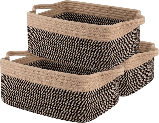OIAHOMY 3 Pack Storage Baskets for Organizing, Woven Cotton Rope Basket for Shelves, Closet Organizer Bins with Handles, Rectangle Toy Organization, 13.78''×9.84''×5.5'', Brown & Black