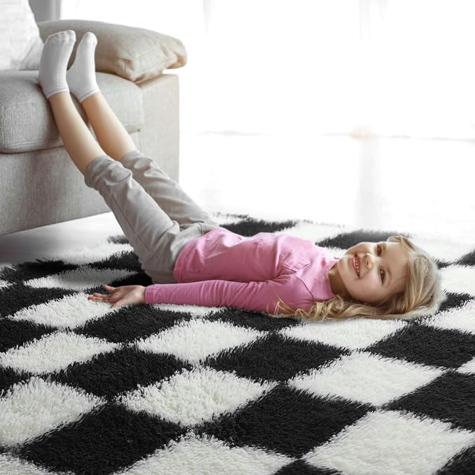 KICMOR 5x7 Rug for Living Room Bedroom, Fluffy Black and White Area Rug Fuzzy - Image 9