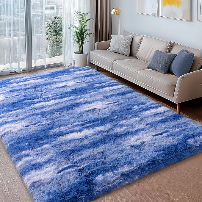 Shag Rugs for Living Room 9x12, Ultra Soft Abstract Blue Big Fuzzy Rugs for - Image 3