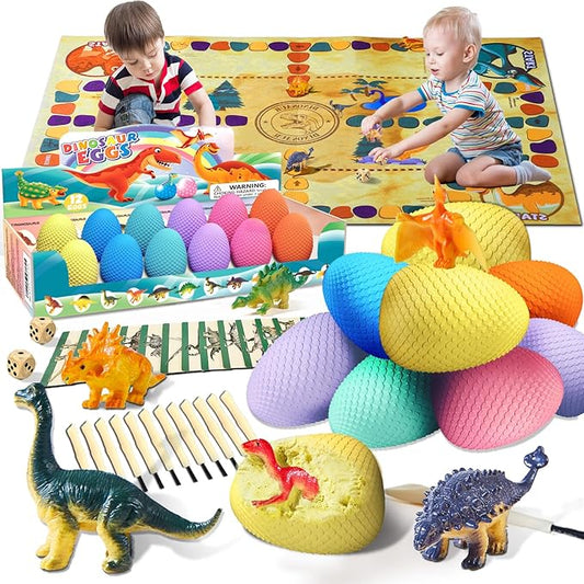 Dino Fossil Eggs Dinosaur Toys - 12 Dinosaur Eggs Dig Excavation Kit w Play Mat for Kids Ages 5-7 Easter Basket Essentials STEM Toy Christmas Birthday Gift for Boys Girls 3 4 5 6 7 8 + 8-13 Years Old