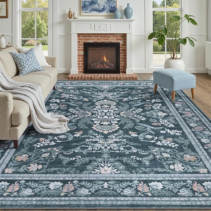 DCX Navy Blue 9x12 Area Rug, Machine Washable Non Slip Stain Resistant Soft by DCXWashableRug