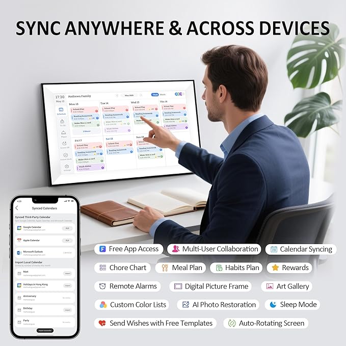 15.6" Digital Calendar Wall Planner,Touchscreen Interactive Display for Family Schedules, Achievement Rewards, Meal Planning,Digital Picture Frame, FHD 1080p Wall-Mountable Home Hub