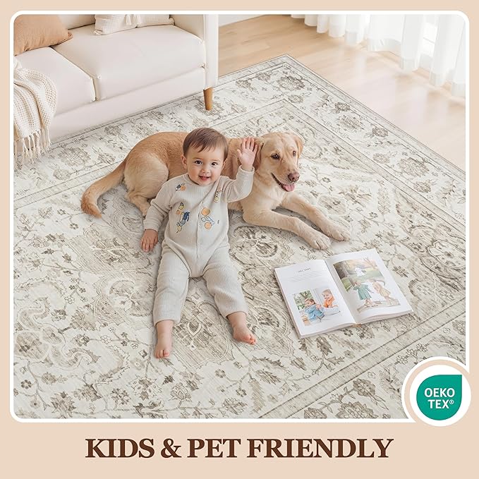 5x7 Area Rugs for Living Room:Beige Washable Vintage Medallion Carpet Non-Slip - Image 5