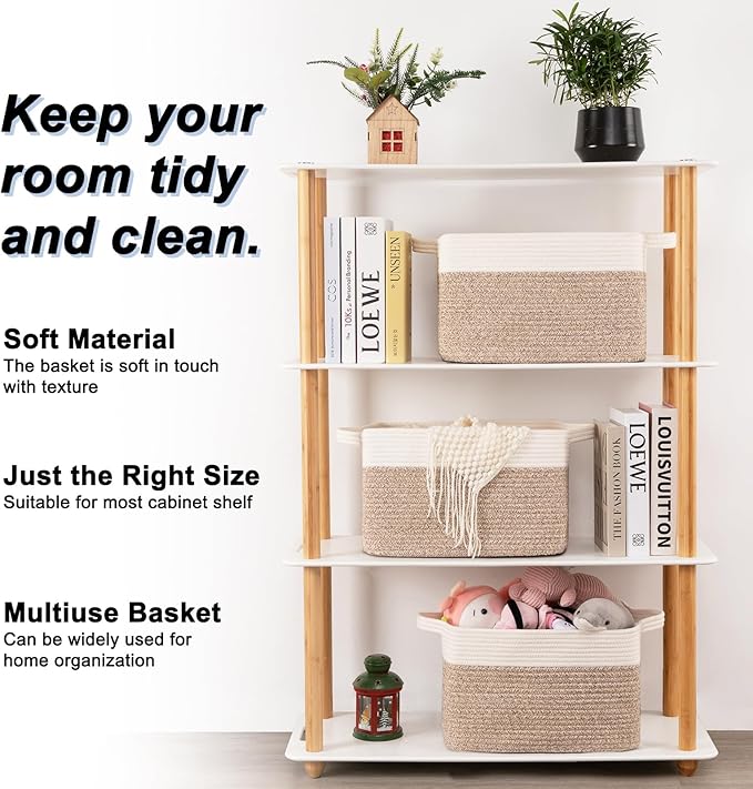 OIAHOMY 3 Pack Storage Baskets for Organizing, 13''X9.85''X8.7'' Storage Bins,Woven Basket with Handles, Toy Storage Bin,Stylish Room Decor Basket, white & Brown variegated