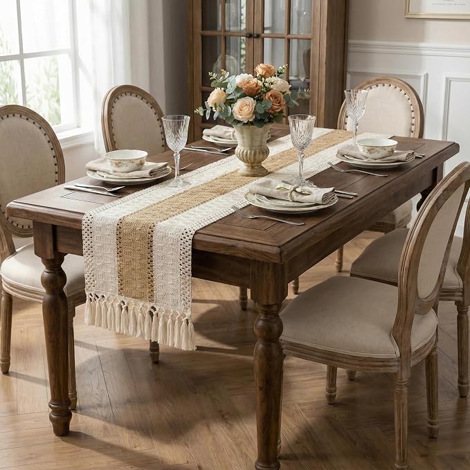 Burlap Boho Table Runner Macrame Brown 108in Farmhouse Woven Runner | Burlap - Image 6