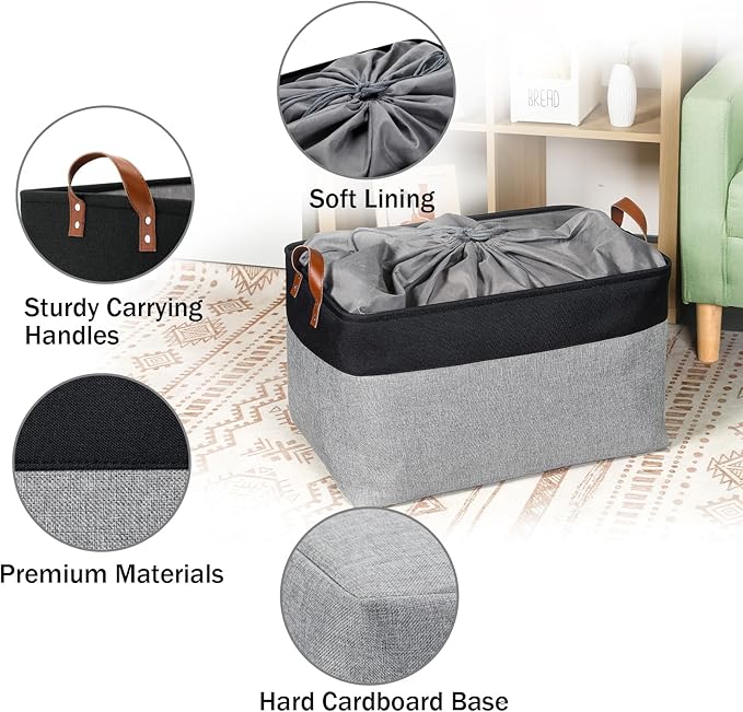 DULLEMELO Extra Large Storage Basket 22X15, 70L Foldable Fabric Toys Baskets Organizer Bins, Black&Grey
