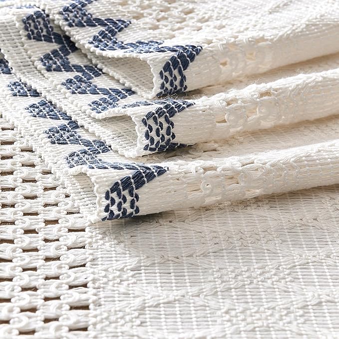 Macrame Side Trim Boho Woven Table Runner, Dusty Blue 12x48 Inch | Crochet - Image 7