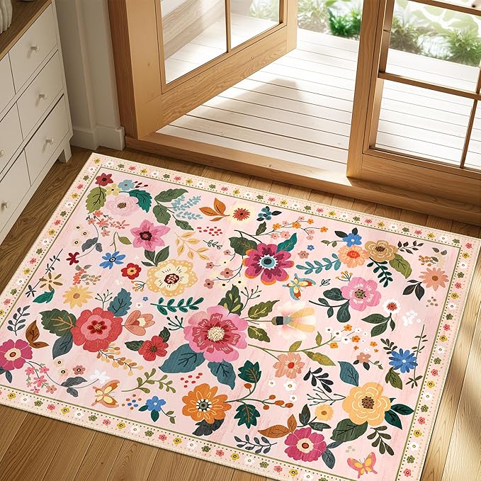Floral 2x3 Area Rug Machine Washable Soft Print Boho Carpet Non Slip Doormat Low Pile Flower Area Rugs for Living Room Bedroom Nursery Kitchen Dining Room Indoor-Pink
