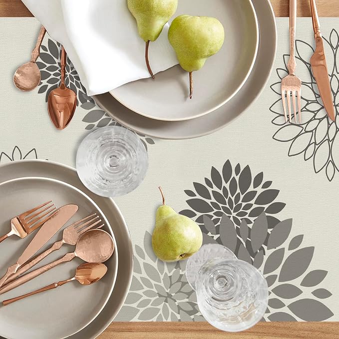 Gray Dahlia Table Runner Modern Elegant Flower Beige Table Runners Geometric - Image 2
