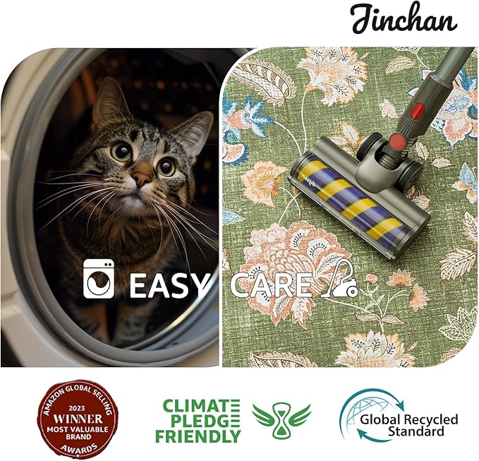 jinchan 6ft Floral Round Rug for Dining Room Washable Living Room Rug Vintage Romance Design Non Slip Indoor Floor Cover Lightweight Low-Profile Throw Carpet for Bedroom Porch Patio, Green