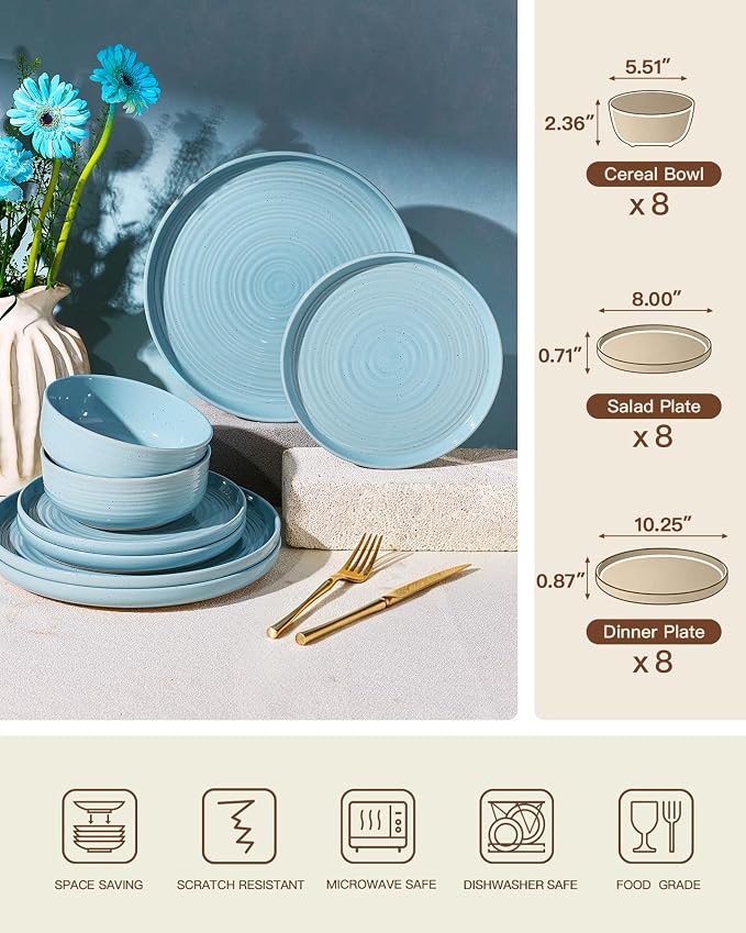 Dinnerware Sets for 8, Ceramic Plates and Bowls, Ice Blue | 24-Piece Ceramic - Image 6